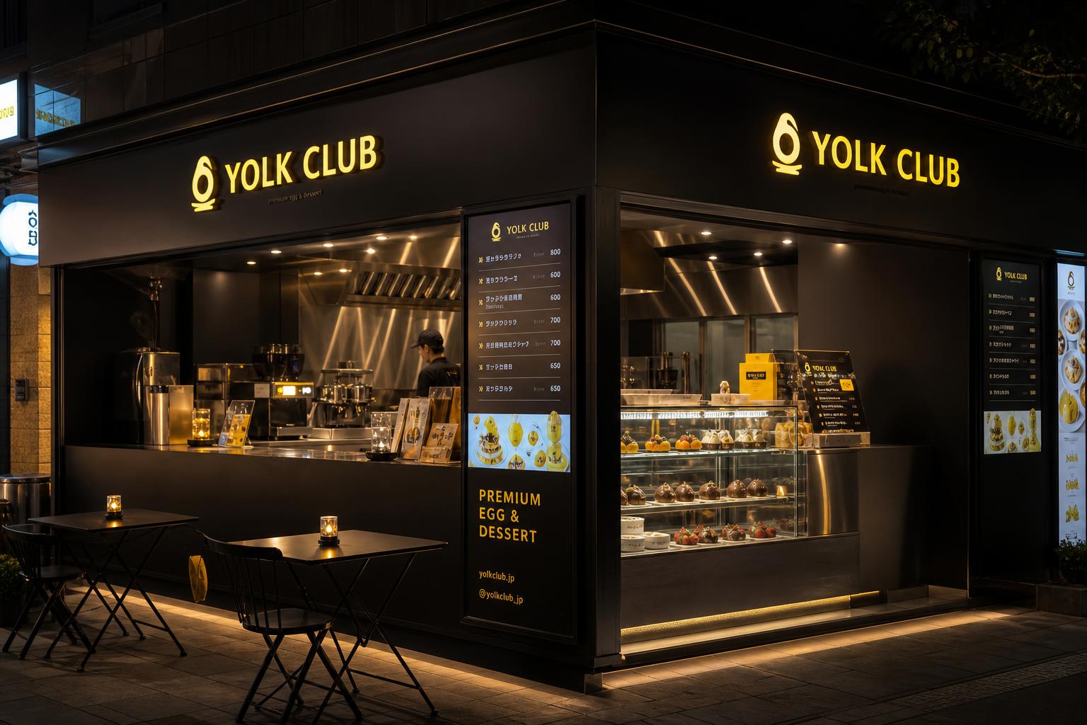 Corner yolk Club ouvert sur deux faces — cuisine inox brossé, écrans lumineux, terrasse